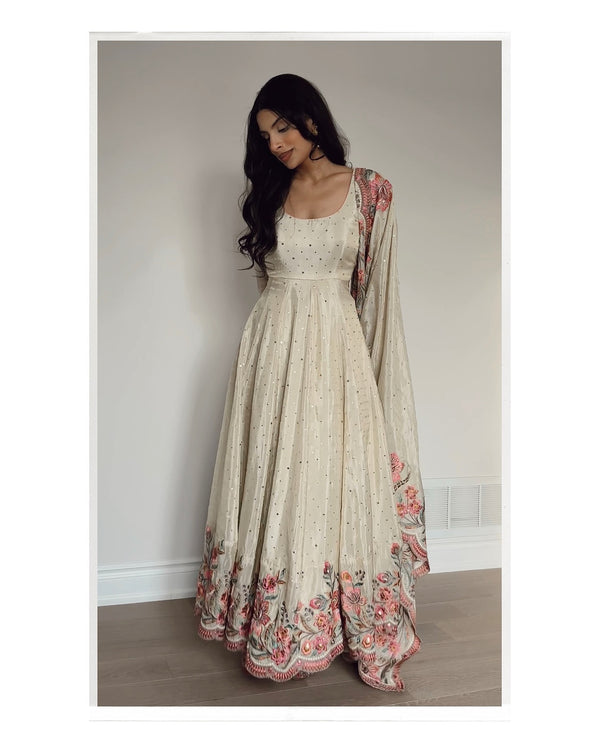 Heavy Pure Cinon Silk Gown -Pent Dupatta Set Fully Stitched Ready To Wear