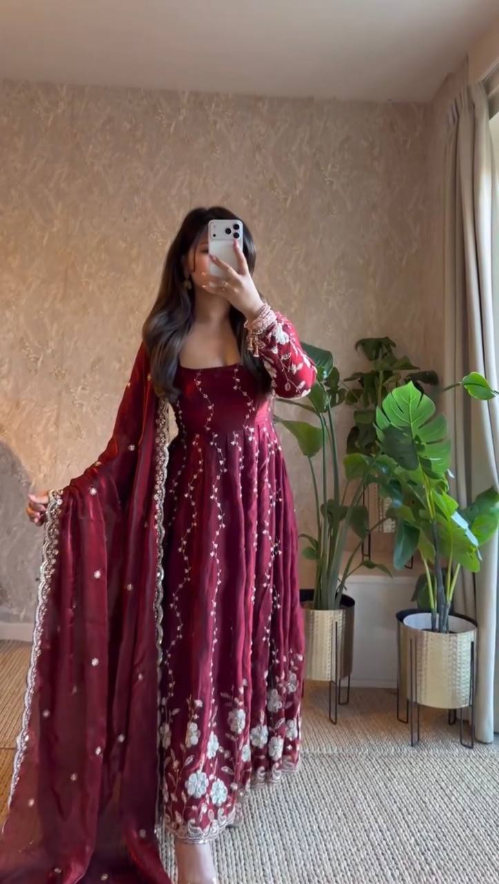 Royal Orange Fendy Silk Embroidered Anarkali Gown Set