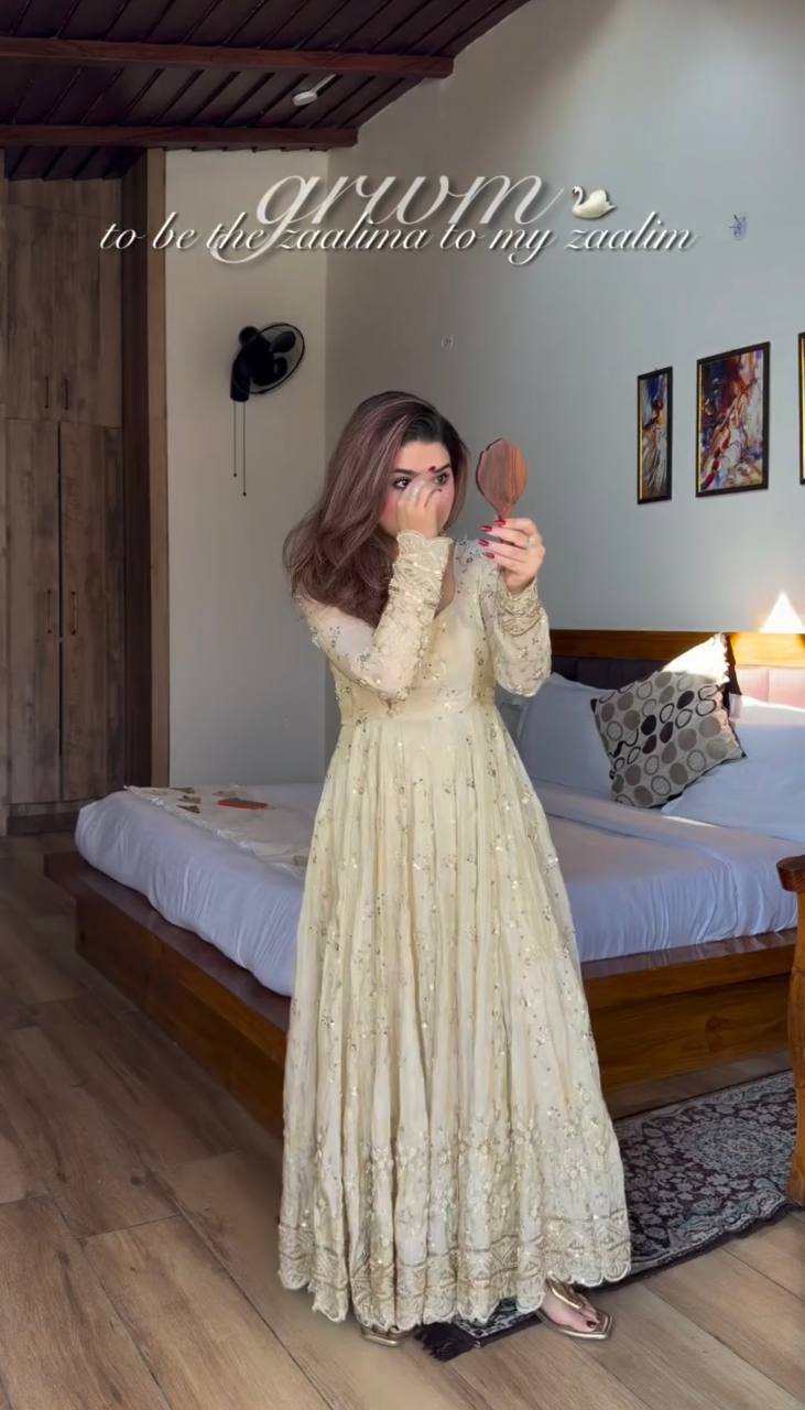Cream Crunchy Silk Embroidered Anarkali Gown