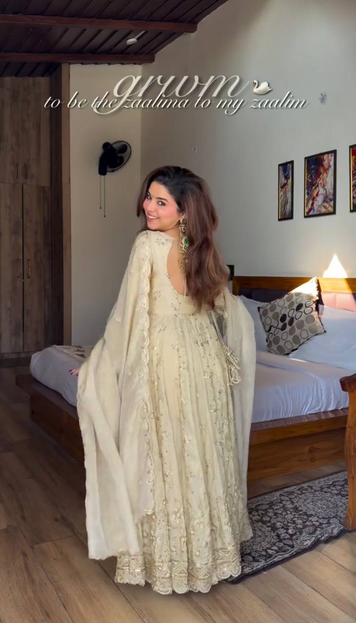 Cream Crunchy Silk Embroidered Anarkali Gown