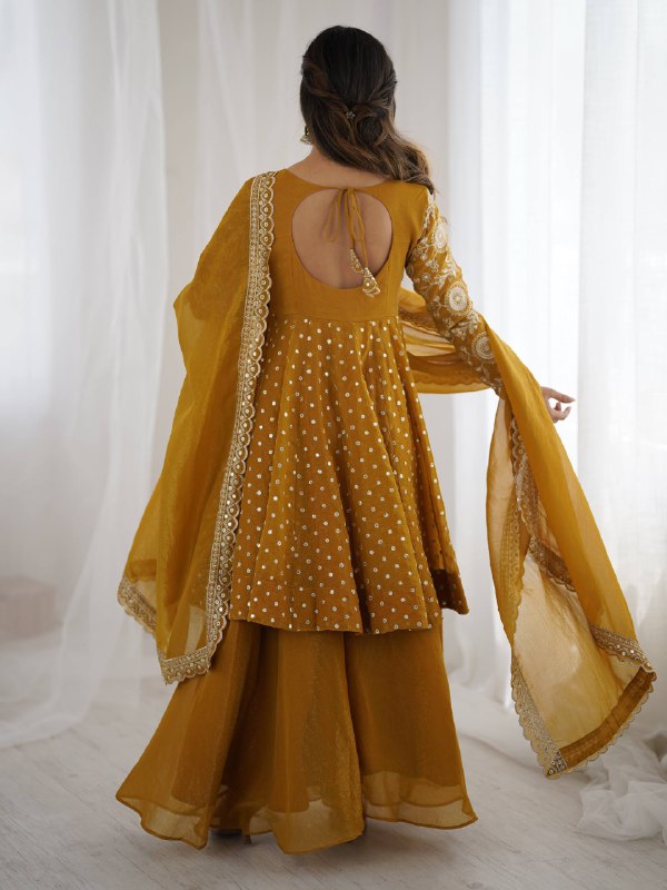 Designer Bandhani Dot Print Kurta with Wide-Leg Pants & Dupatta