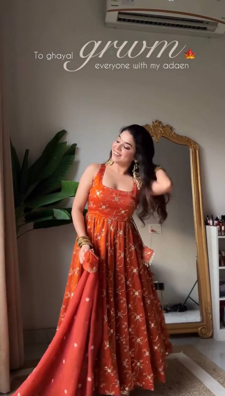 ORANGE PREMIUM READYMADE ANARKALI SUIT SET [3 PIECE]