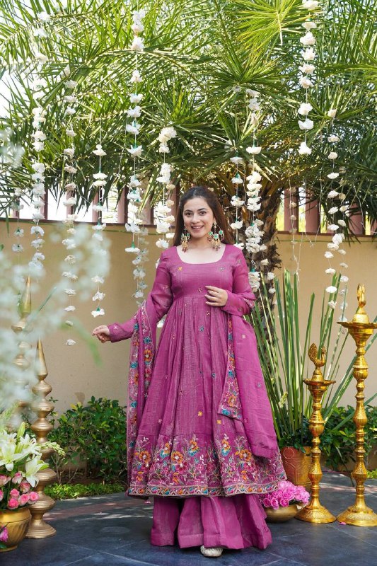 Elegant Embroidered Anarkali Suit Set – Rani Pink & Teal Green