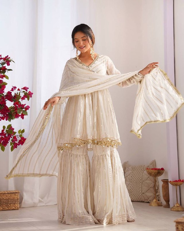 Elegant Anarkali Kurti Sharara/Gharara Suit with Gold Detailing