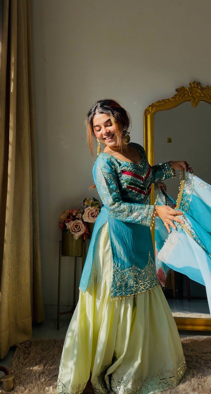 Aqua Elegance Embroidered Kurta Sharara Set