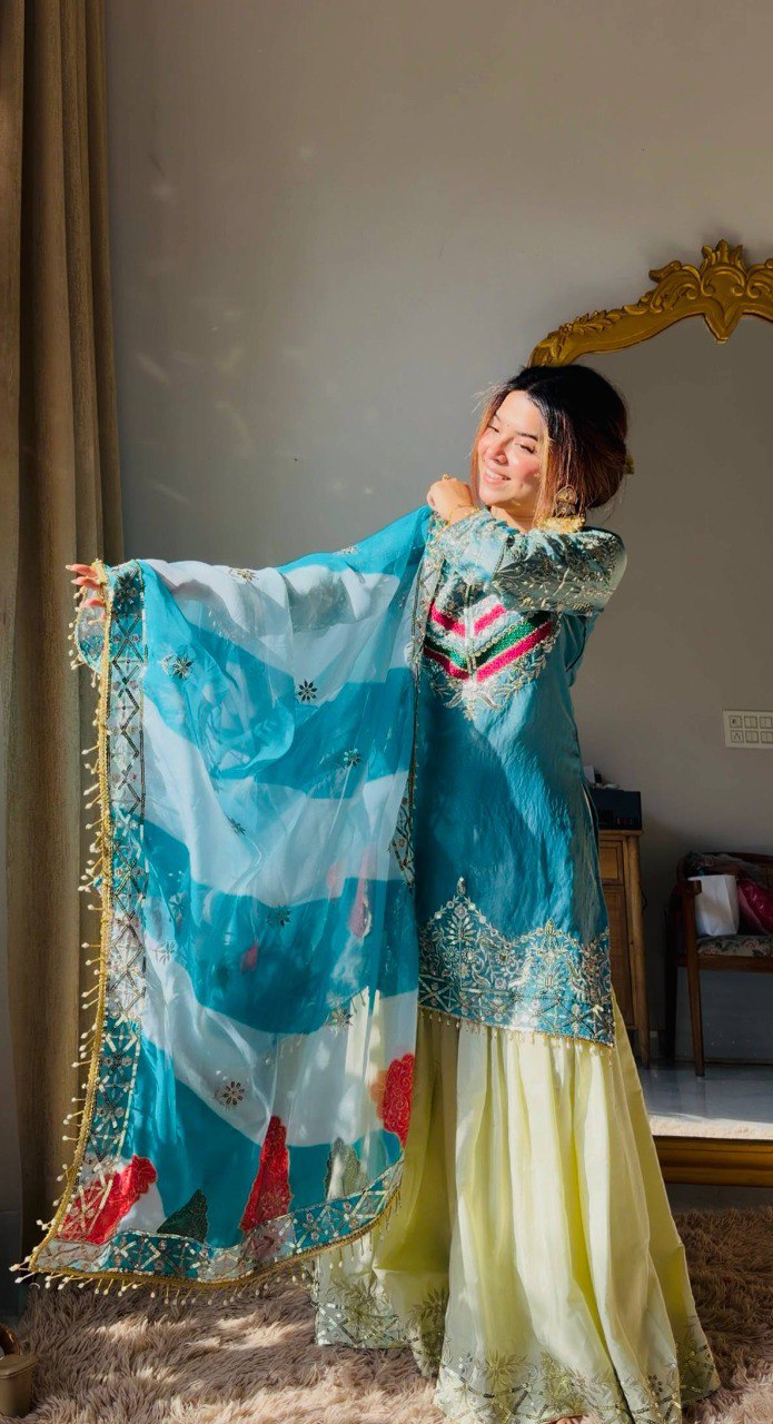 Aqua Elegance Embroidered Kurta Sharara Set