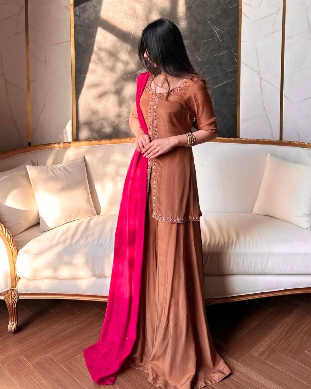 Elegant Brown Embroidered Kurta Set with Pink Dupatta