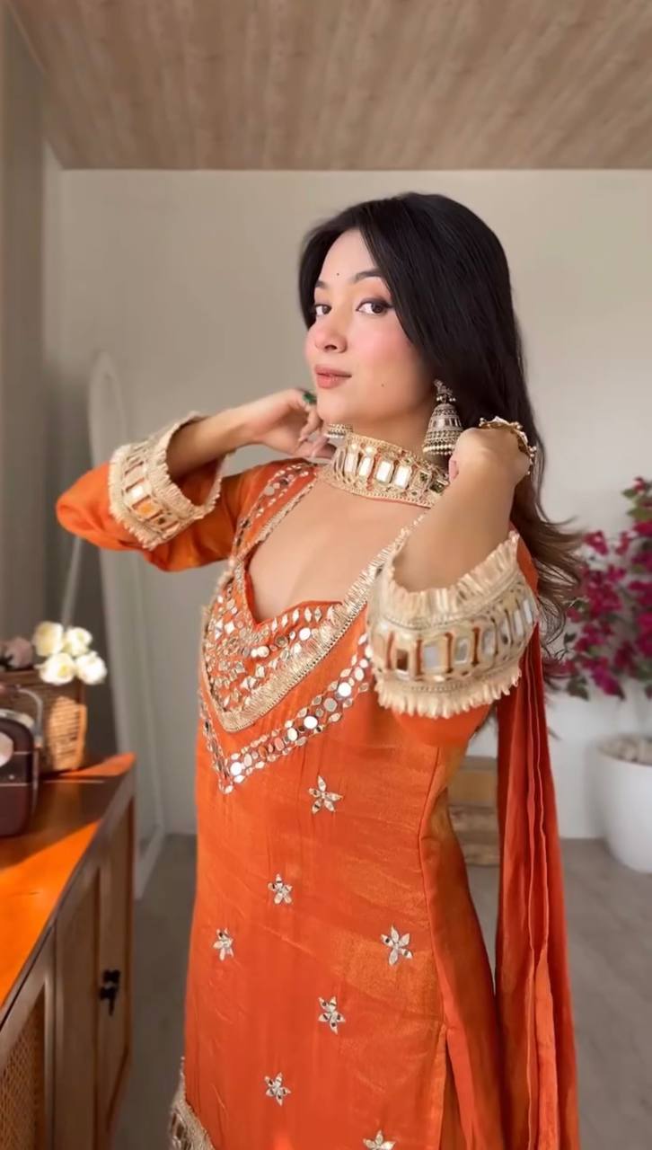 Stylish Ethnic Mirror Work Short Kurti Palazzo Set for Women