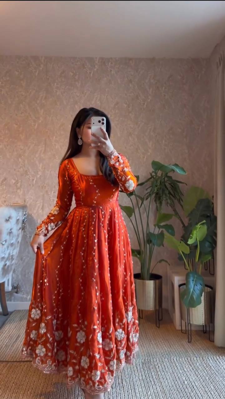Royal Orange Fendy Silk Embroidered Anarkali Gown Set