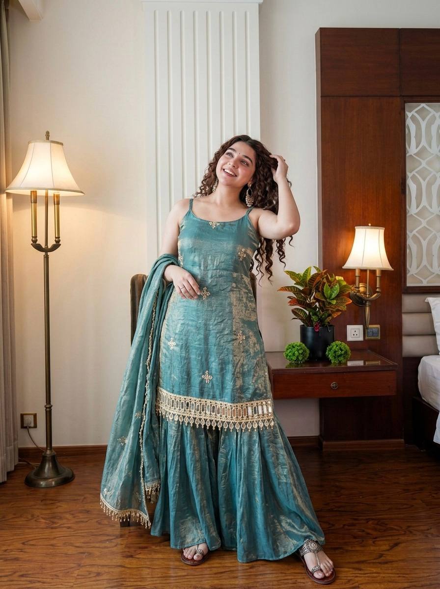 Teal Elegance Embroidered Sharara Set with Dupatta