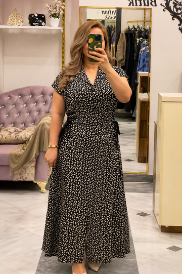 Monochrome Leaf Print Wrap Maxi Dress