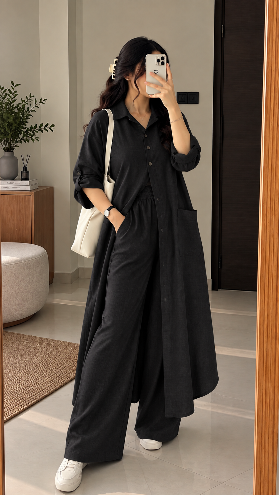 Women's Casual Oversized Long Shirt & Wide-Leg Trousers Co-ord Set with Pockets