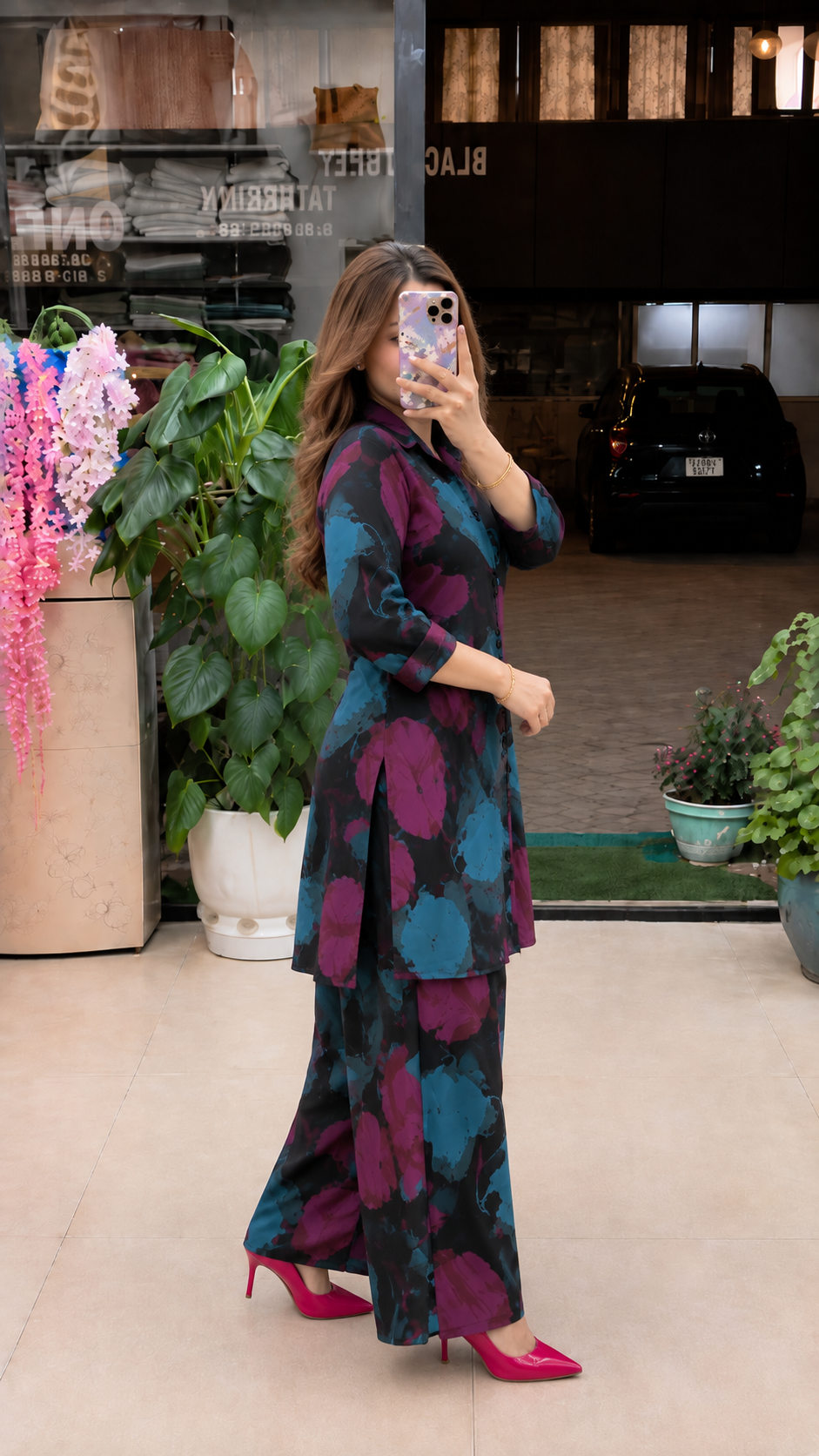 Trendy Magenta & Teal Blue Floral Co-Ord Set for Women | Casual & Western Lounge Wear