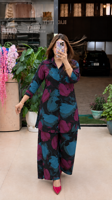 Trendy Magenta & Teal Blue Floral Co-Ord Set for Women | Casual & Western Lounge Wear