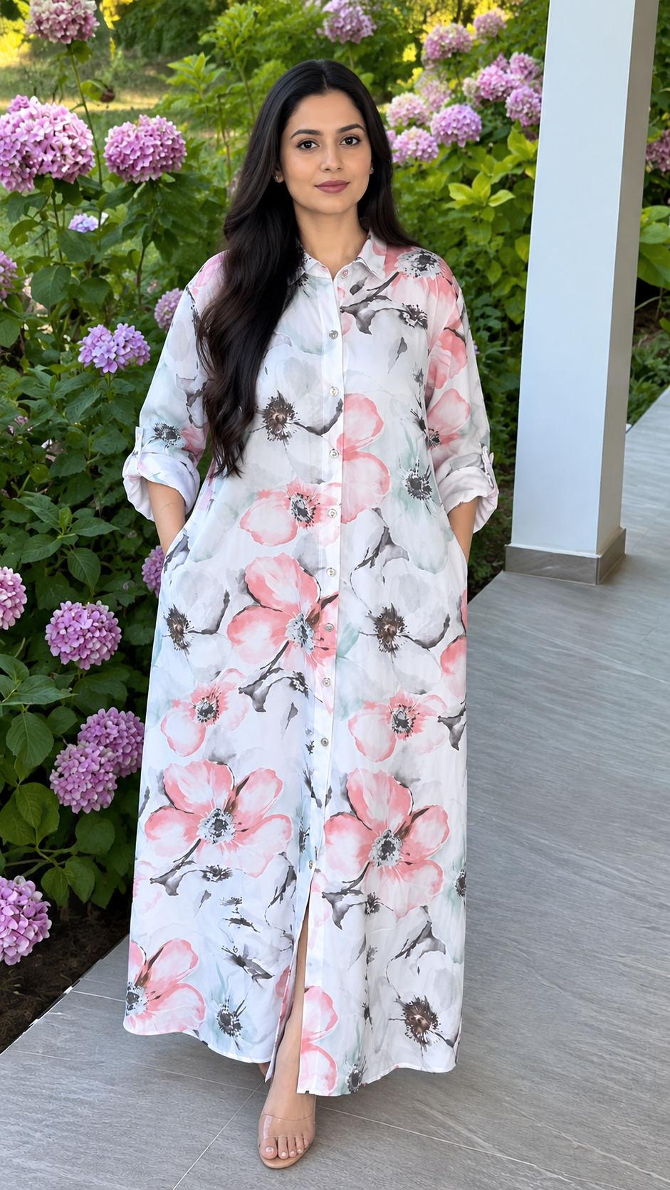 Women's Loose-Fit Collared Floral Long Dress | Modest Front-Open Maxi Gown