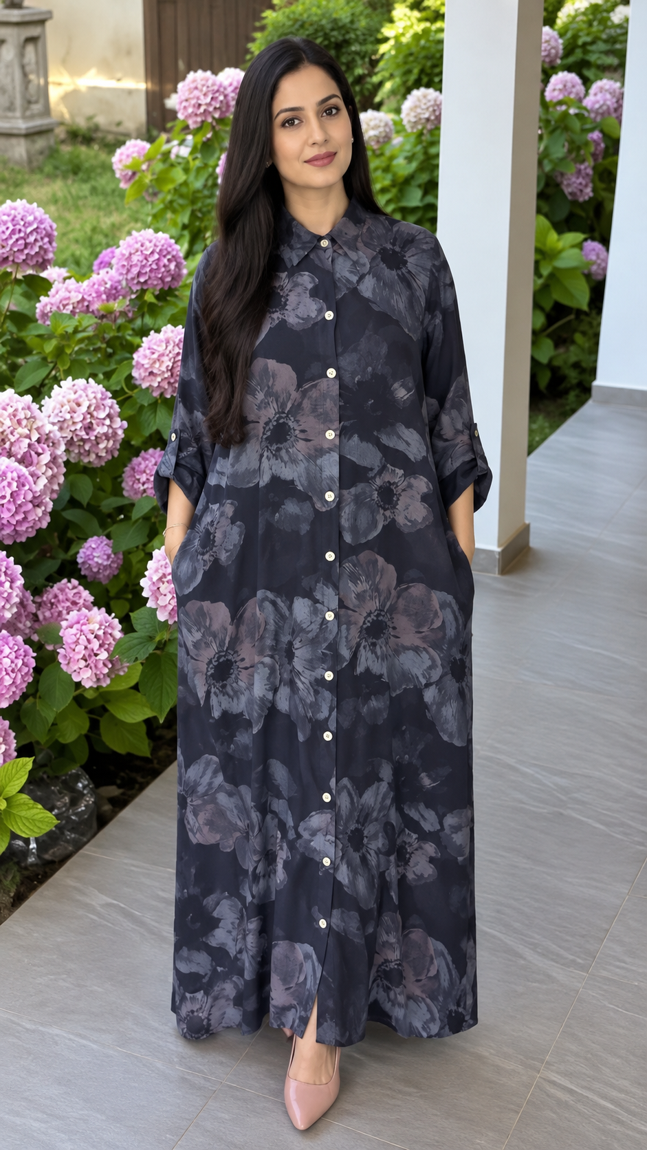 Women's Loose-Fit Collared Floral Long Dress | Modest Front-Open Maxi Gown