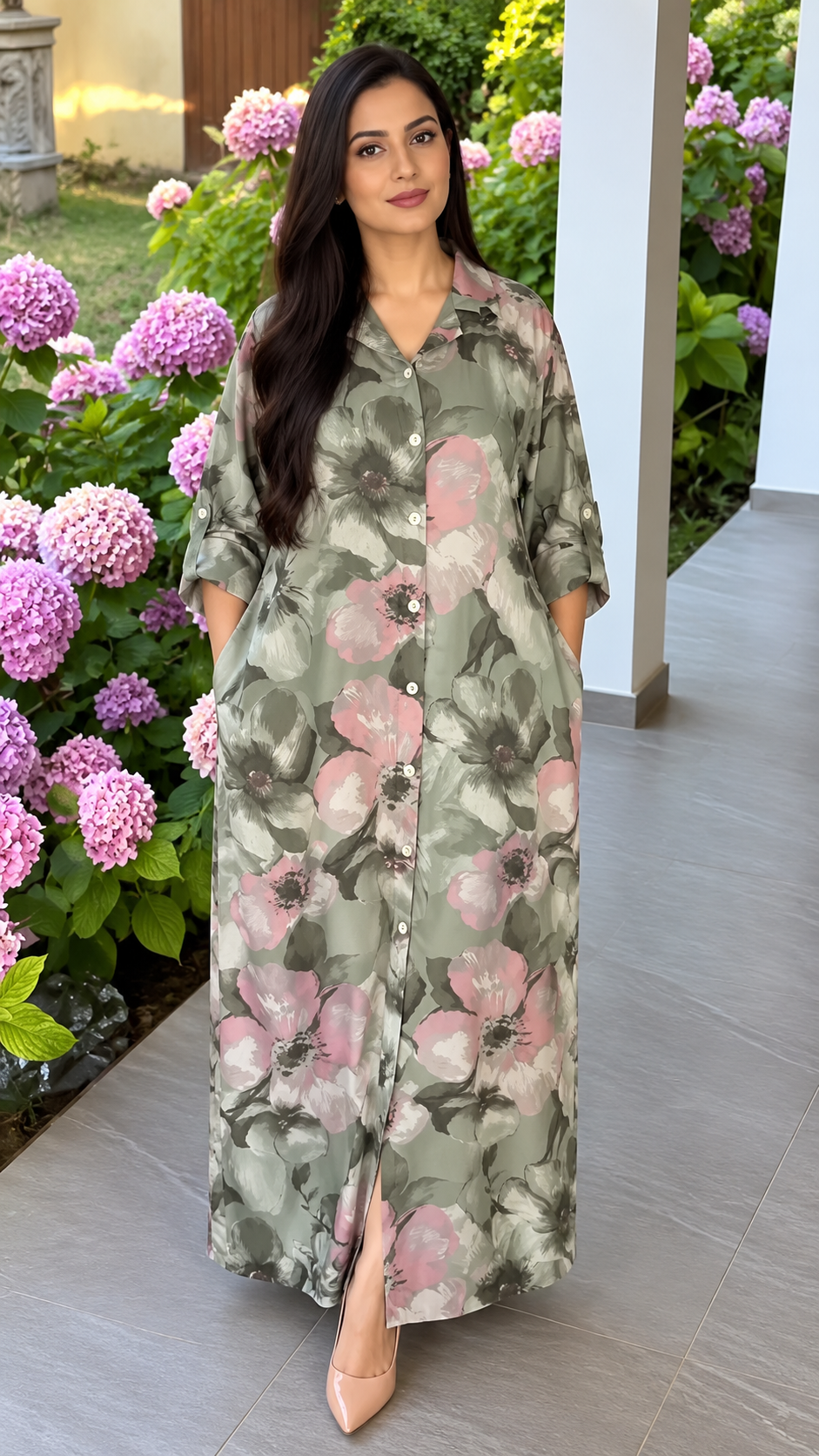 Women's Loose-Fit Collared Floral Long Dress | Modest Front-Open Maxi Gown