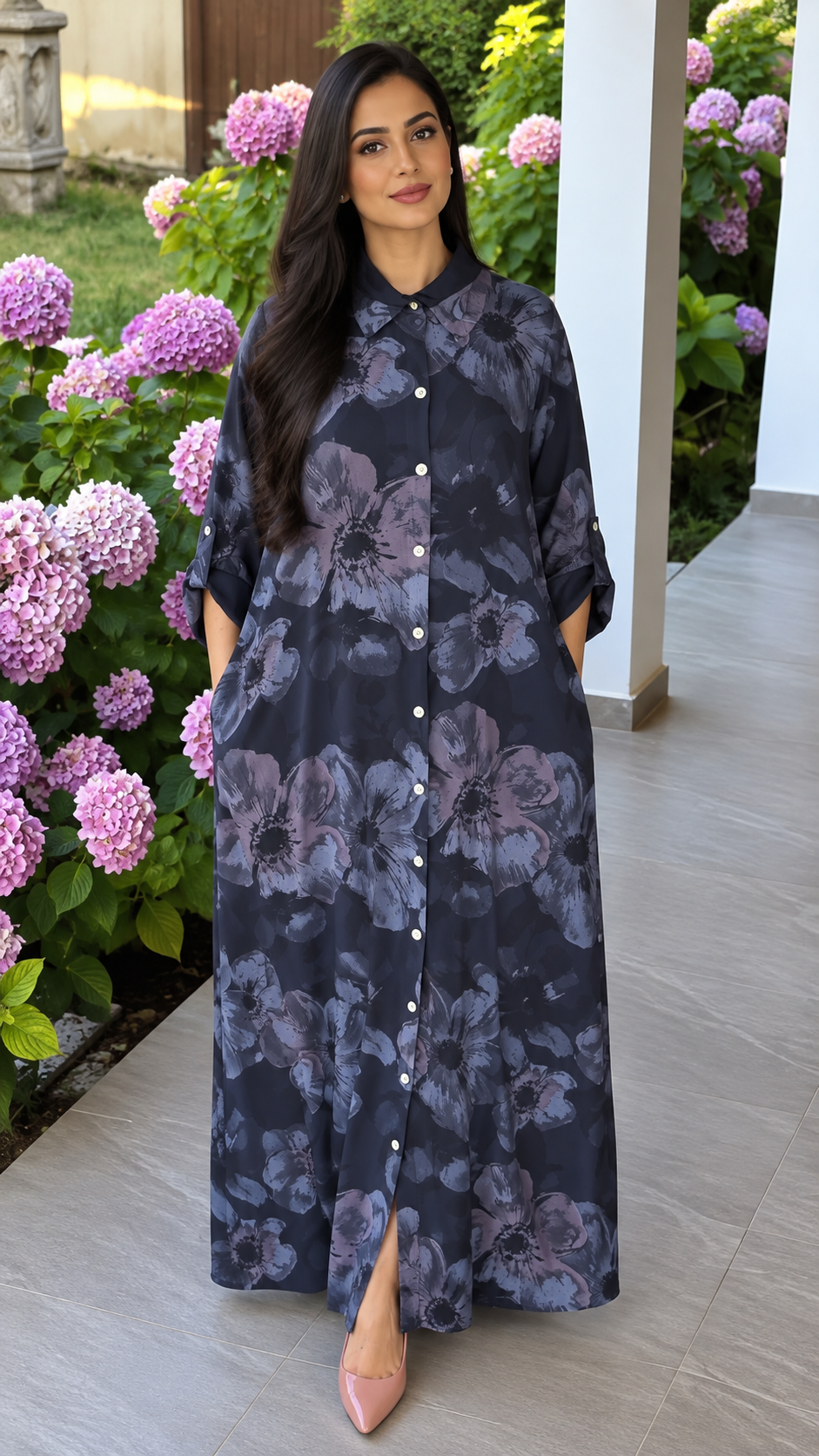 Women's Loose-Fit Collared Floral Long Dress | Modest Front-Open Maxi Gown