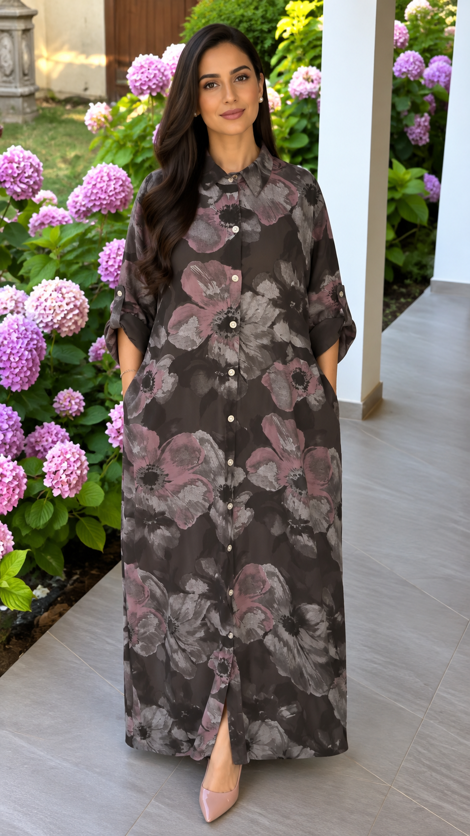 Women's Loose-Fit Collared Floral Long Dress | Modest Front-Open Maxi Gown