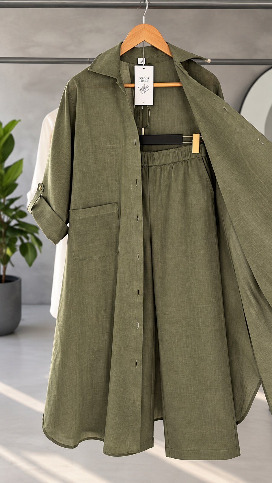 Women's Casual Oversized Long Shirt & Wide-Leg Trousers Co-ord Set with Pockets