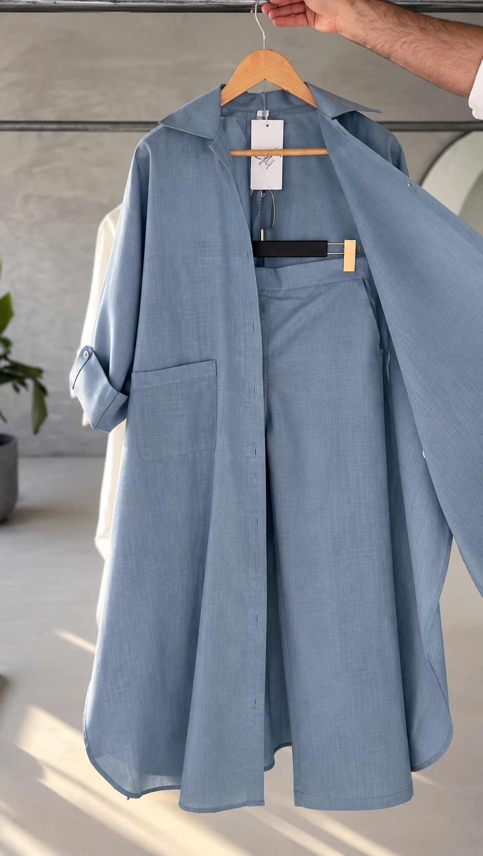Women's Casual Oversized Long Shirt & Wide-Leg Trousers Co-ord Set with Pockets