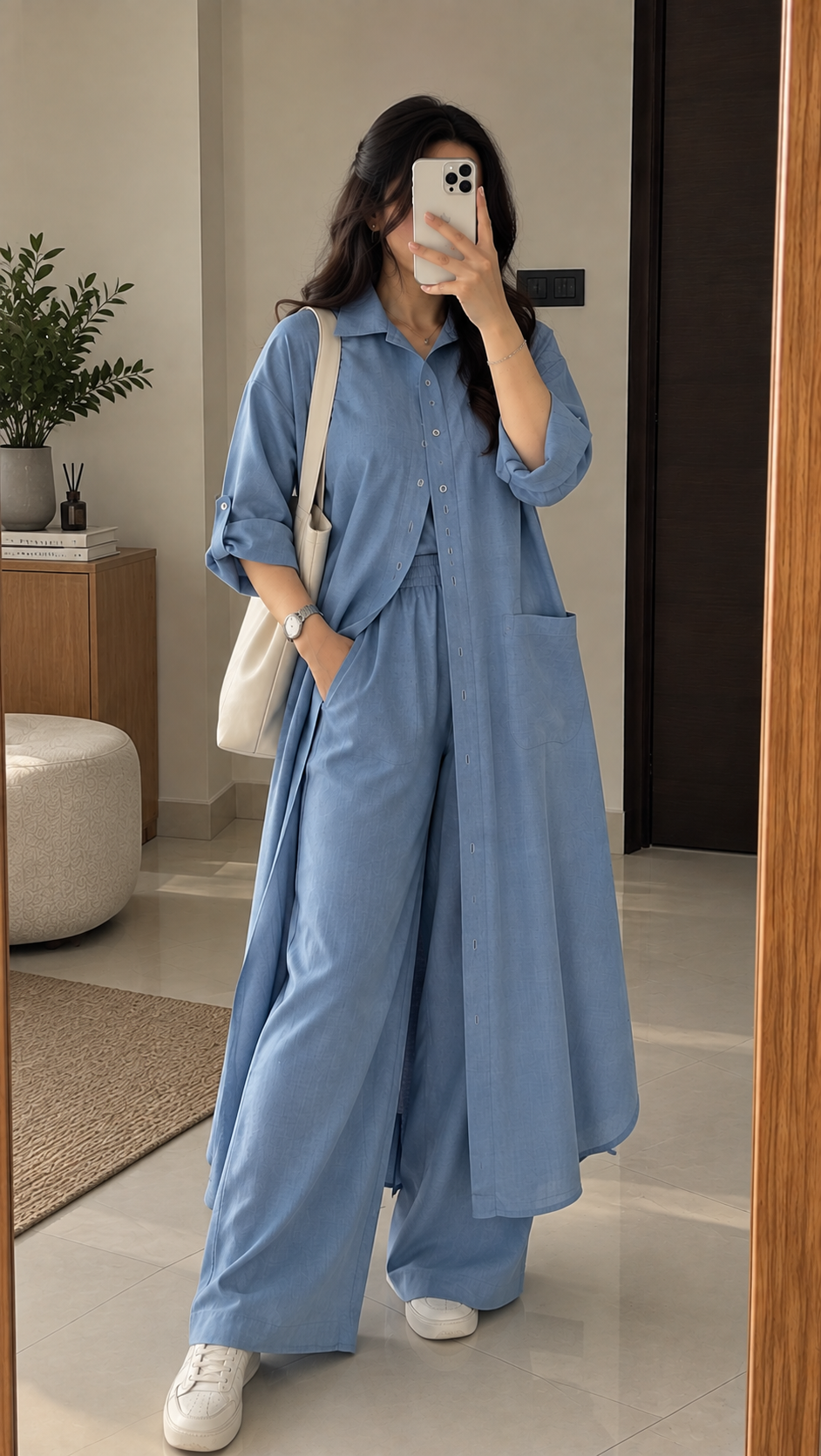 Women's Casual Oversized Long Shirt & Wide-Leg Trousers Co-ord Set with Pockets