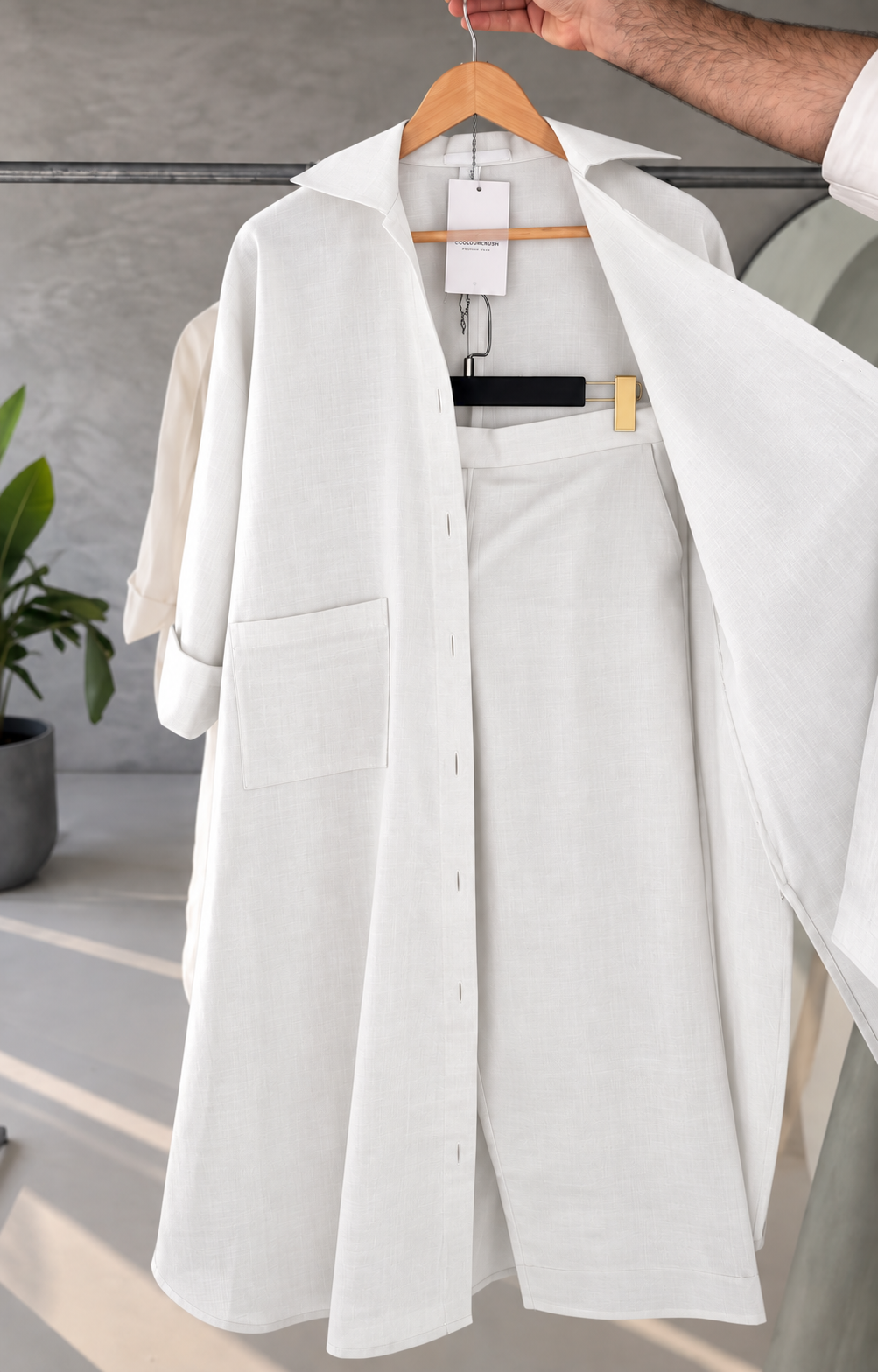 Women's Casual Oversized Long Shirt & Wide-Leg Trousers Co-ord Set with Pockets