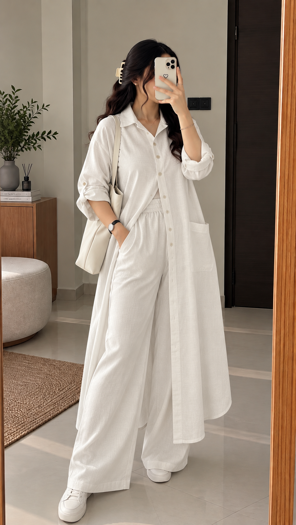 Women's Casual Oversized Long Shirt & Wide-Leg Trousers Co-ord Set with Pockets