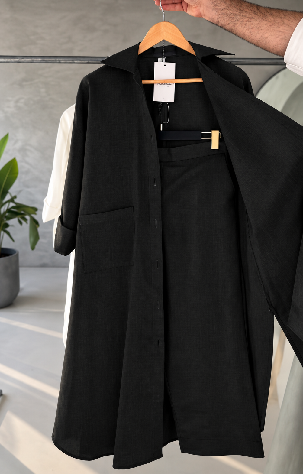 Women's Casual Oversized Long Shirt & Wide-Leg Trousers Co-ord Set with Pockets