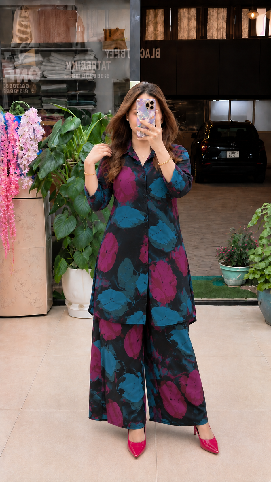 Trendy Magenta & Teal Blue Floral Co-Ord Set for Women | Casual & Western Lounge Wear