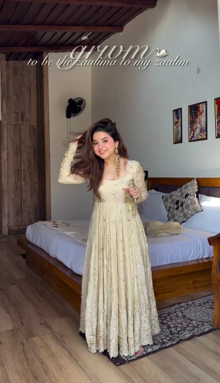 Cream Crunchy Silk Embroidered Anarkali Gown