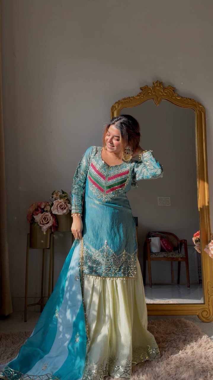 Aqua Elegance Embroidered Kurta Sharara Set