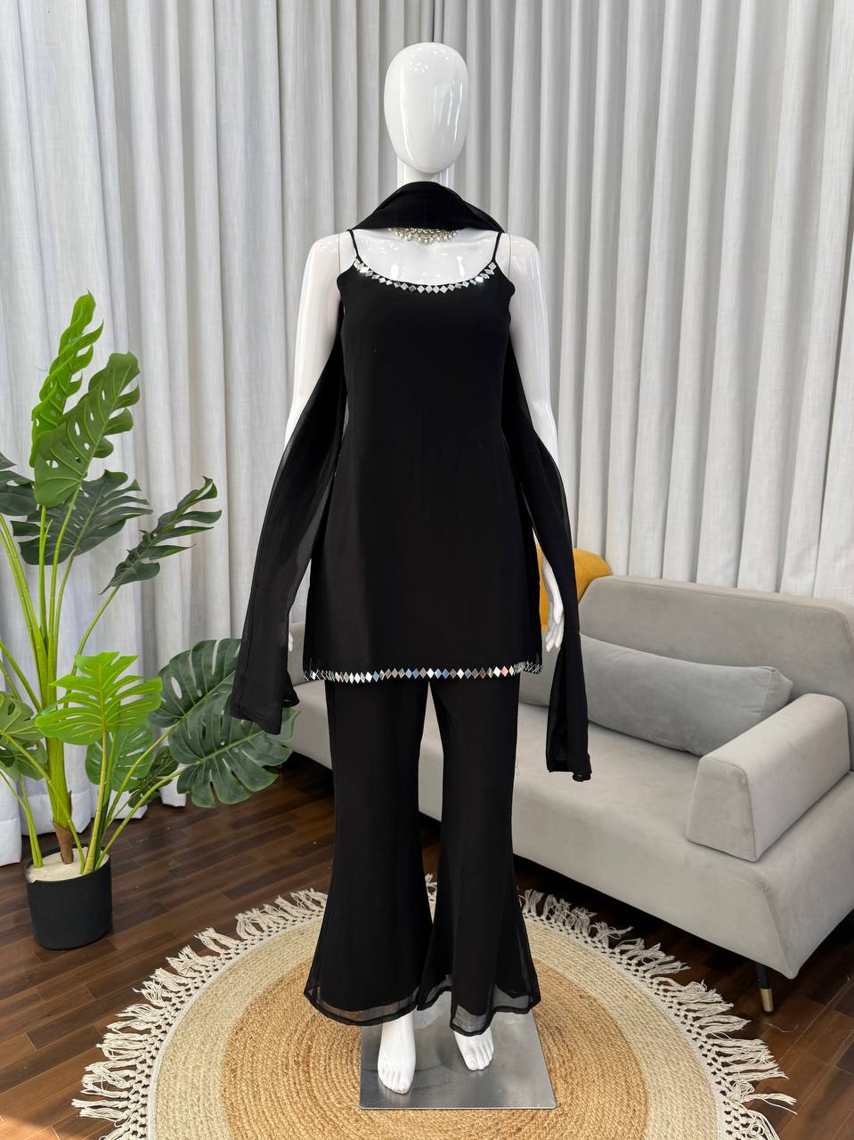 Elegant Black Mirror Work Kurti Set with Palazzo & Dupatta