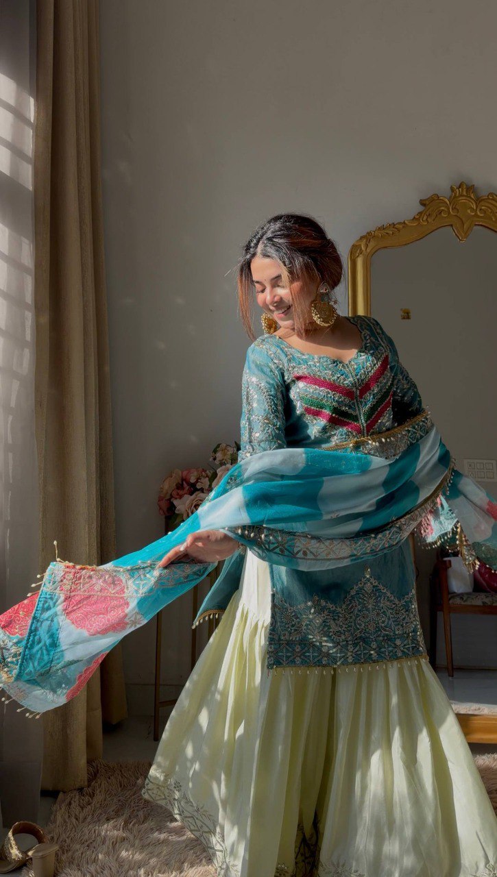 Aqua Elegance Embroidered Kurta Sharara Set