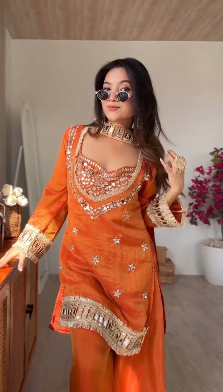 Stylish Ethnic Mirror Work Short Kurti Palazzo Set for Women