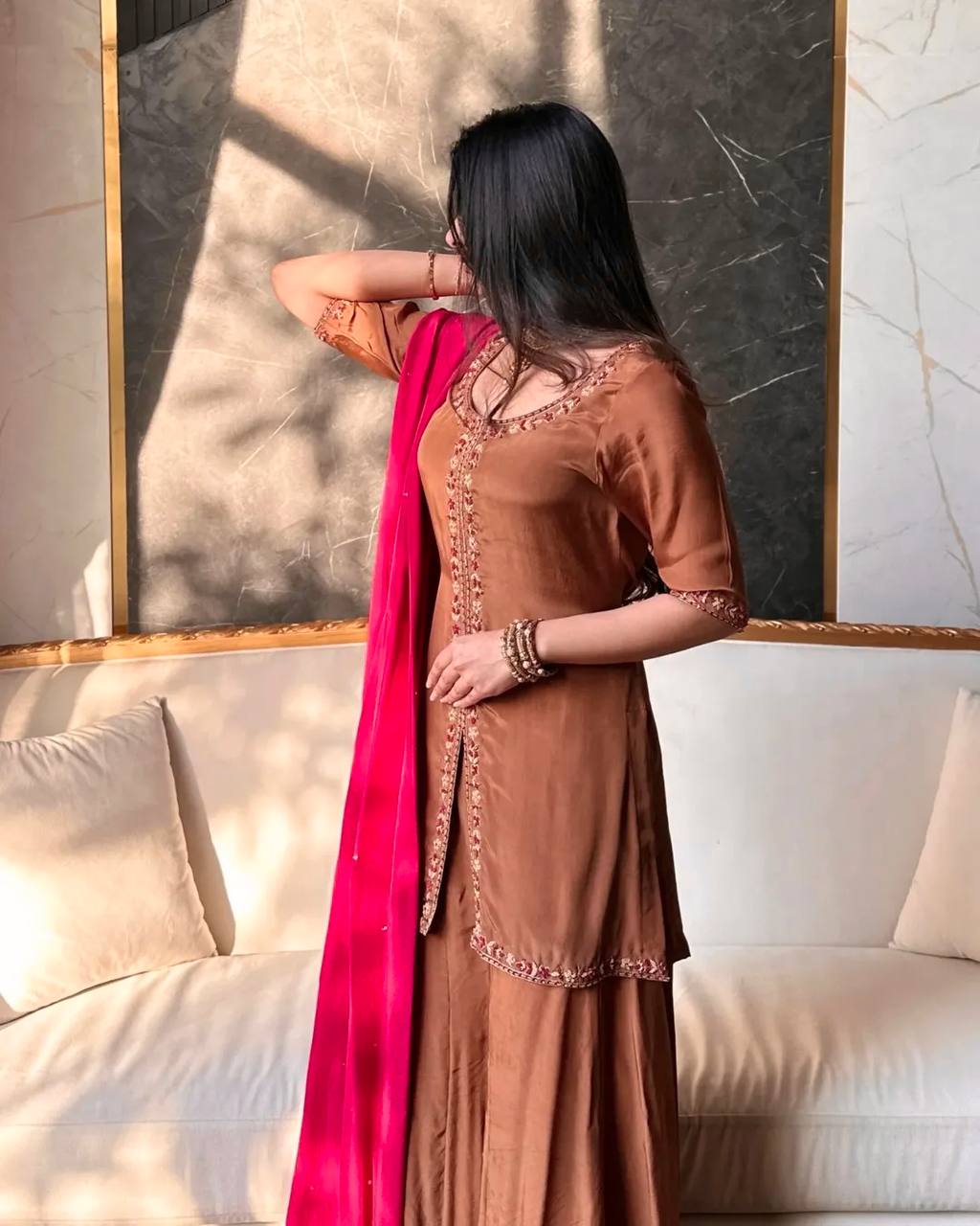 Elegant Brown Embroidered Kurta Set with Pink Dupatta