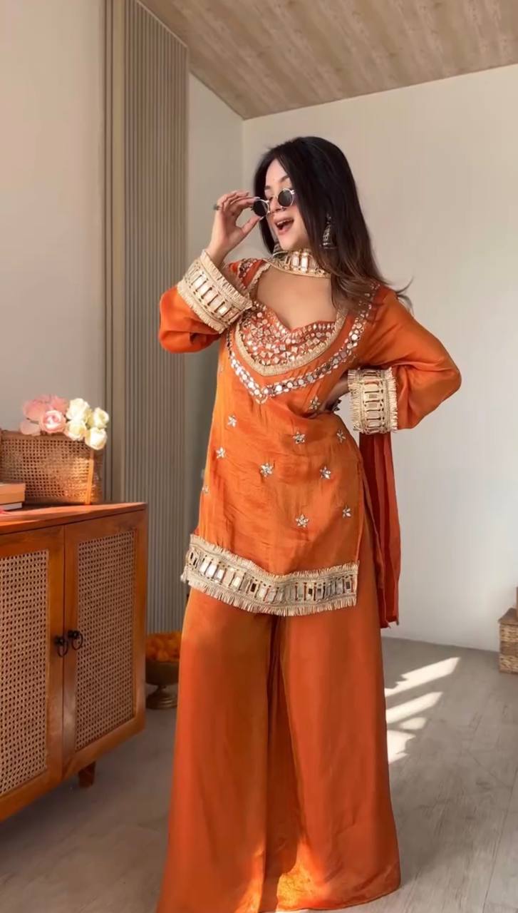 Stylish Ethnic Mirror Work Short Kurti Palazzo Set for Women