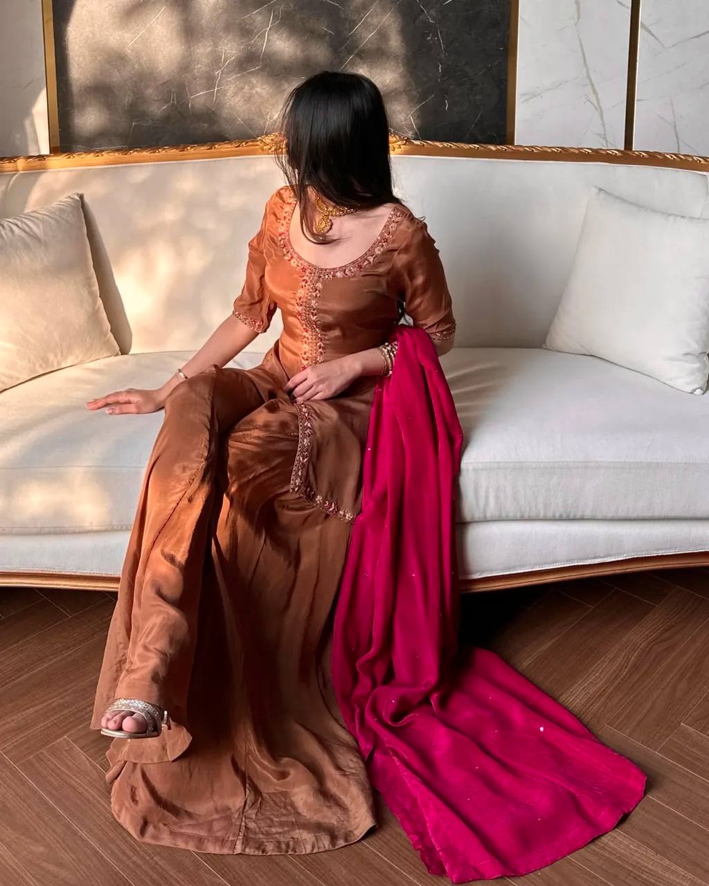 Elegant Brown Embroidered Kurta Set with Pink Dupatta