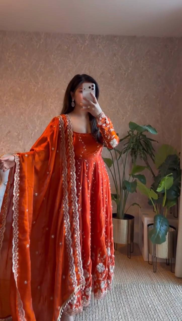 Royal Orange Fendy Silk Embroidered Anarkali Gown Set