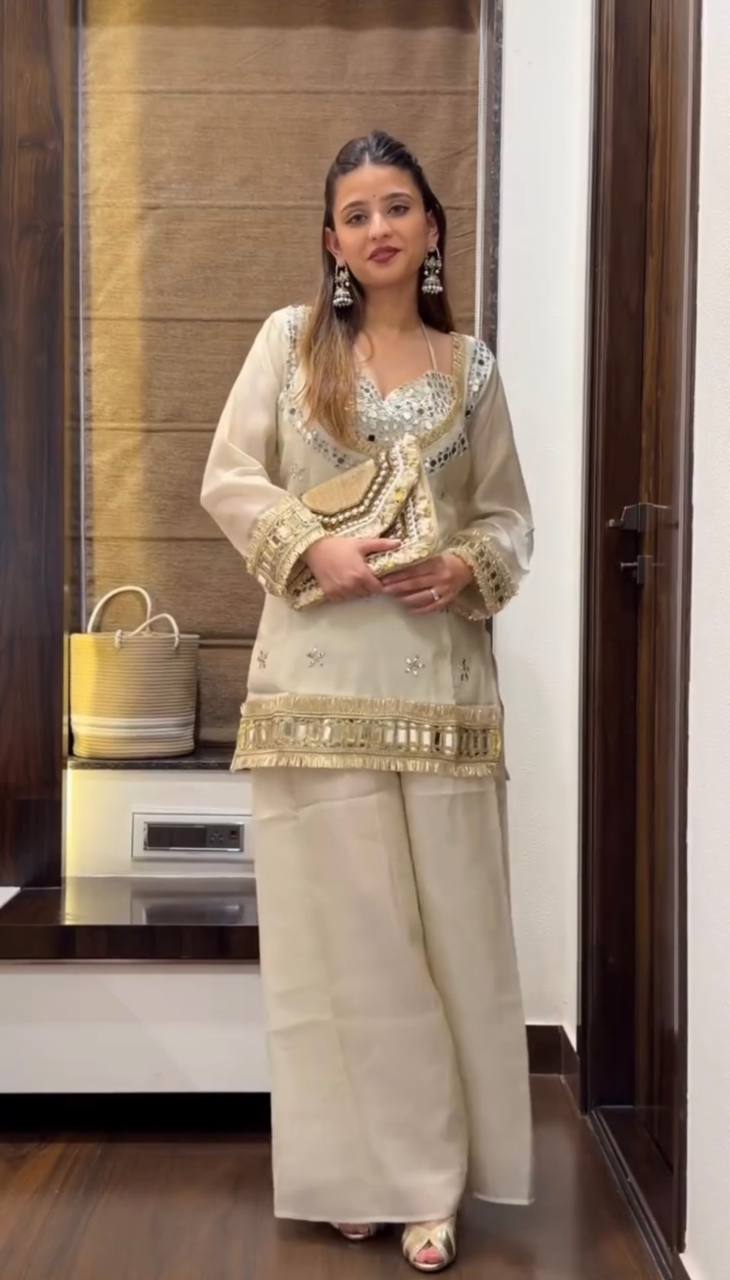 Stylish Ethnic Mirror Work Short Kurti Palazzo Set for Women