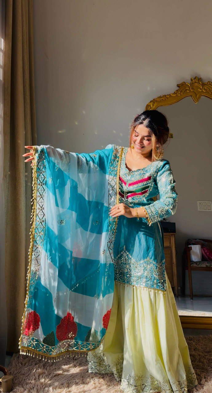 Aqua Elegance Embroidered Kurta Sharara Set