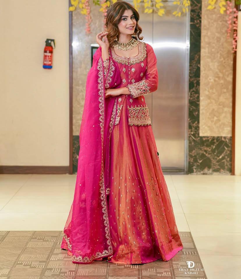 Royal Rani Pink & Mehendi Brown Embroidered Lehenga Set