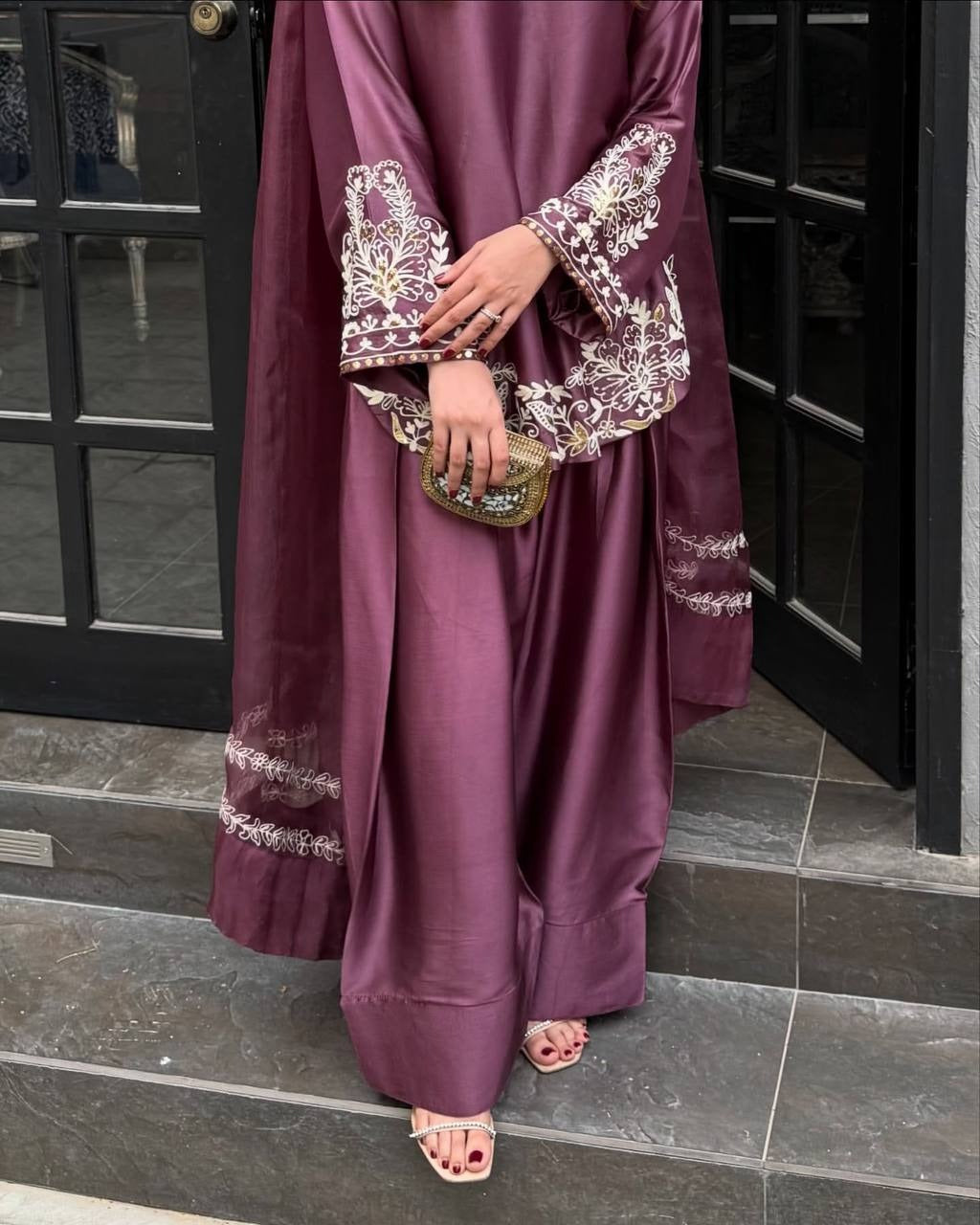 Royal Satin Embroidered Kurta Palazzo Set with Dupatta