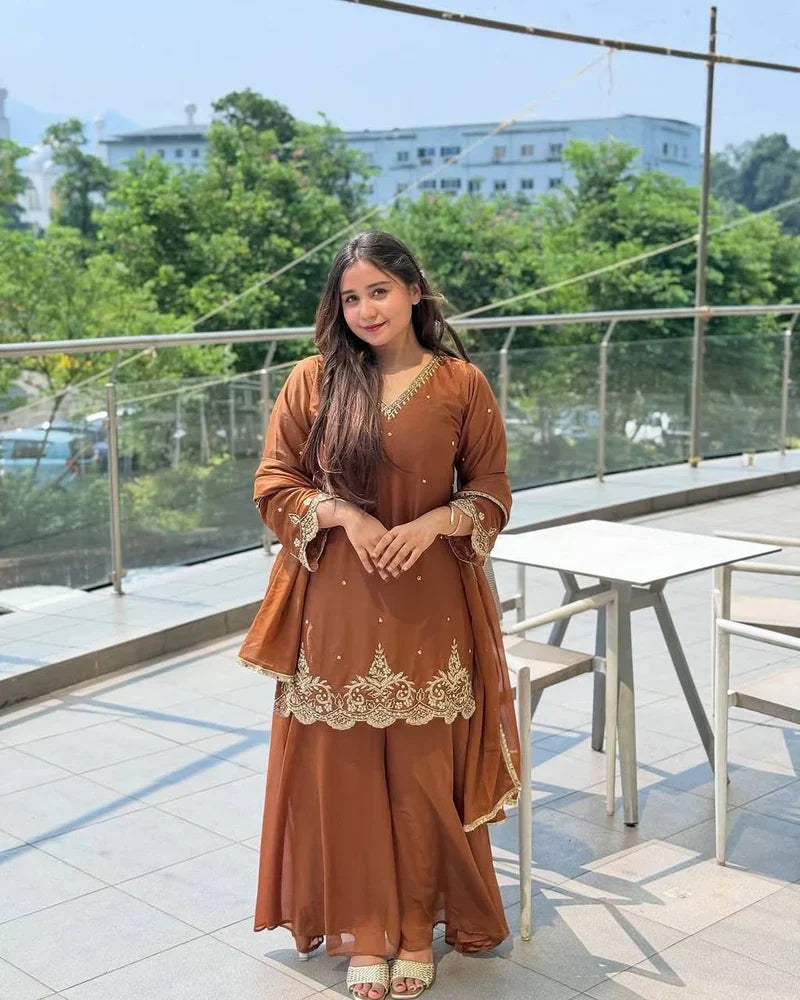 Presenting New Designer Party Wear Look Top-Plazzo and Dupatta With Heavy Embroidery Work
