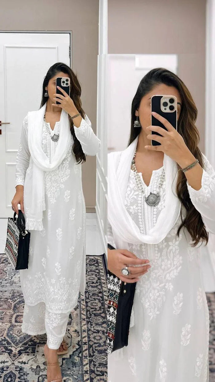 White Designer Chikankari Special Kurta With Pant Set